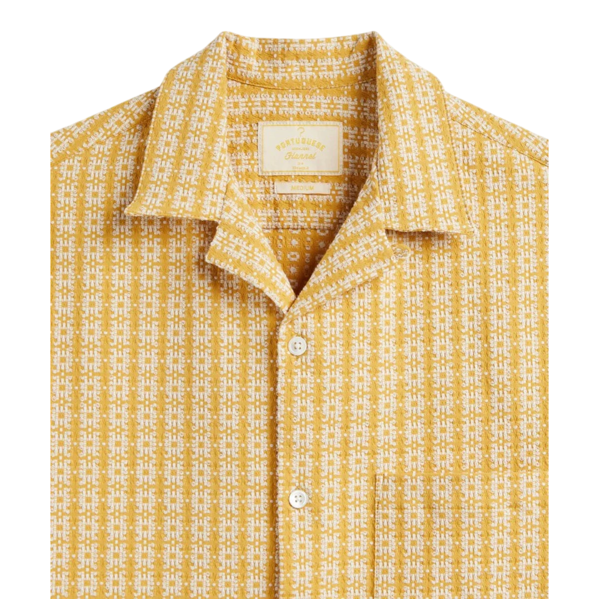 MILWORK Polen yellow patterned cotton blend shirt with mother of pearl buttons and a camp collar.