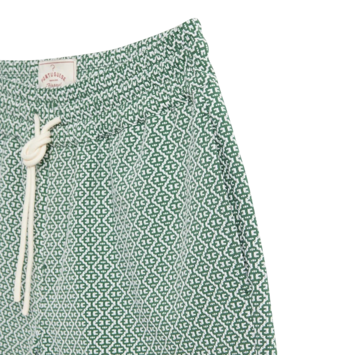 MILWORK Portuguese Tile green and white patterned cotton blend shorts with drawstring waist.