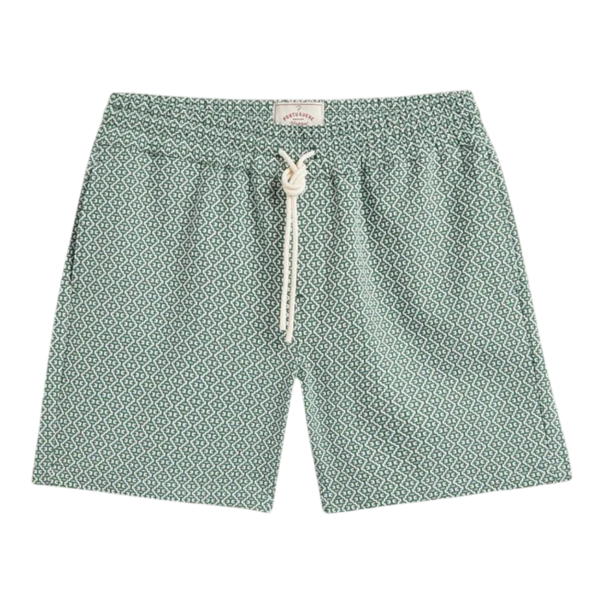 MILWORK Portuguese Tile Shorts in green and white geometric pattern. 99% Cotton / 1% Elastane, made in Portugal.