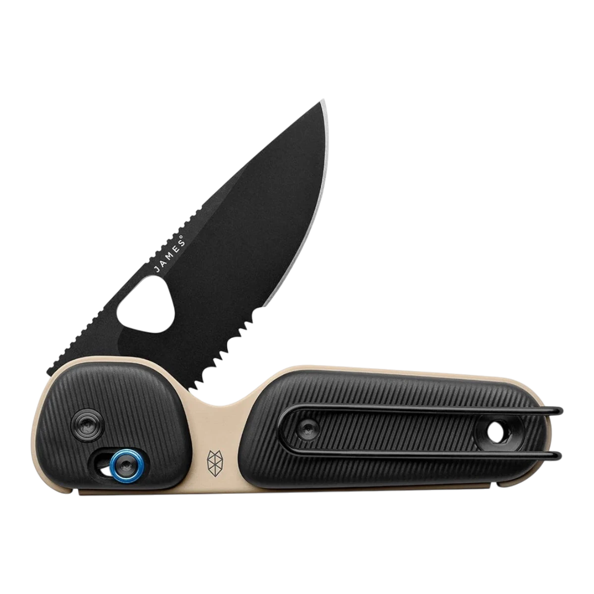 MILWORK The Redstone coyote tan and black folding knife with Sandvik steel blade and wire clip.