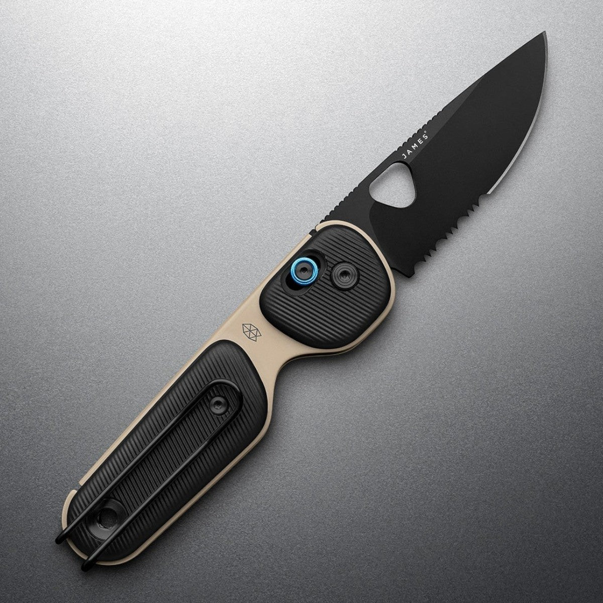 MILWORK The Redstone coyote tan and black folding knife with Sandvik steel blade and wire clip.