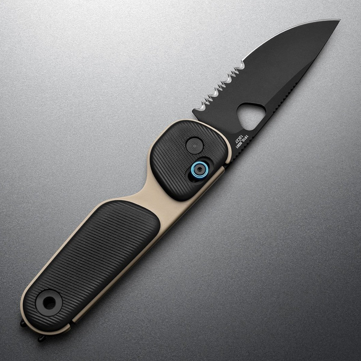 MILWORK Redstone coyote tan and black folding knife with serrated blade and TJB Slide-Lock.