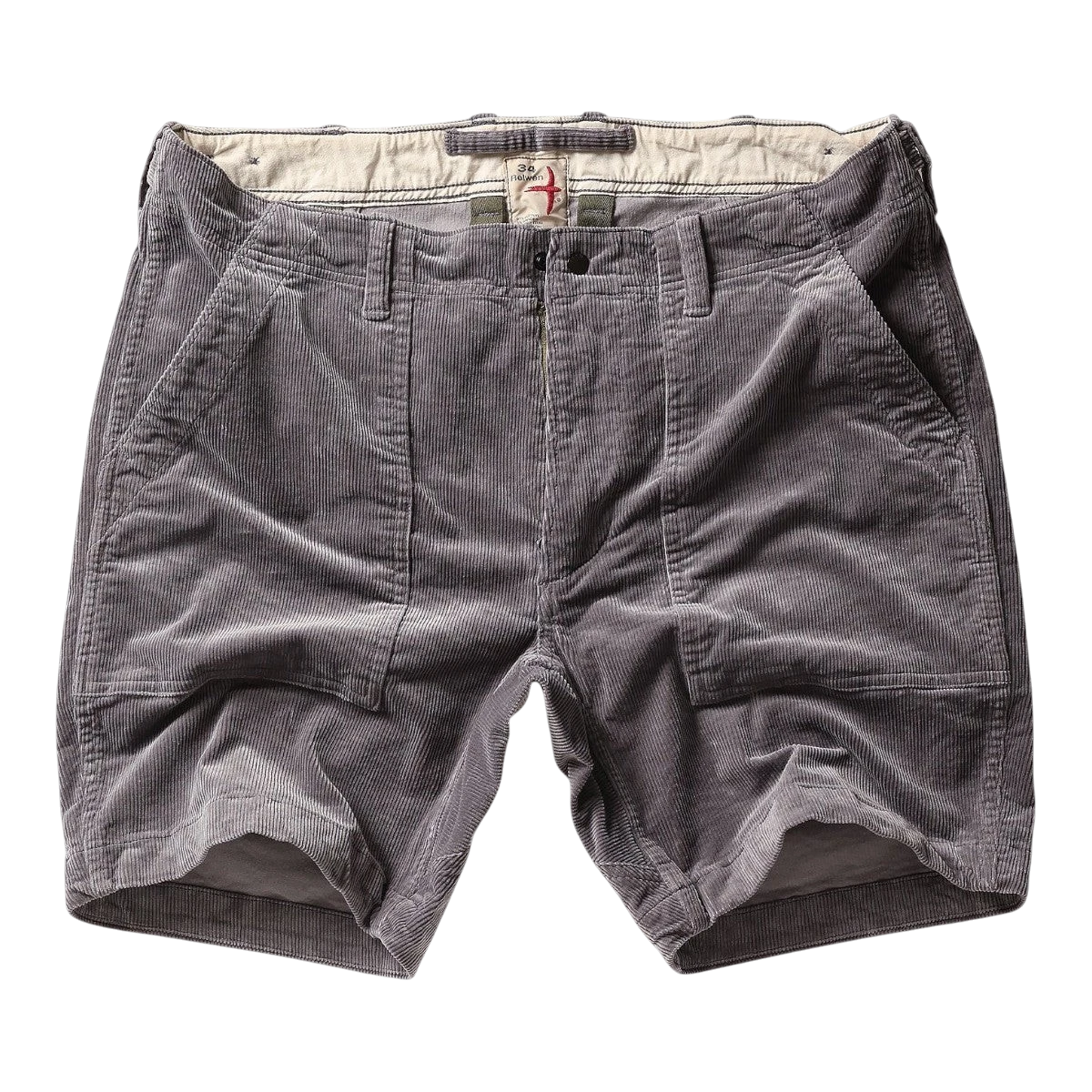 MILWORK Rhino Grey corduroy shorts with 7.5" inseam, featuring multiple pockets and a relaxed fit.