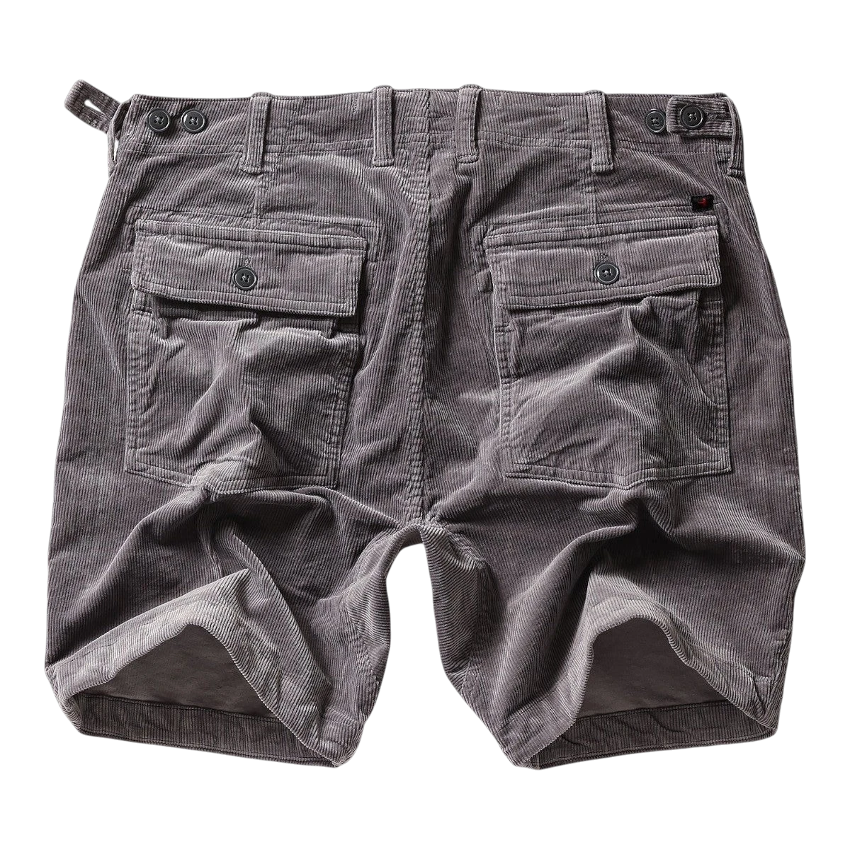MILWORK Rhino Grey corduroy shorts with 7.5" inseam, featuring multiple button-flap cargo pockets and adjustable waist tabs.