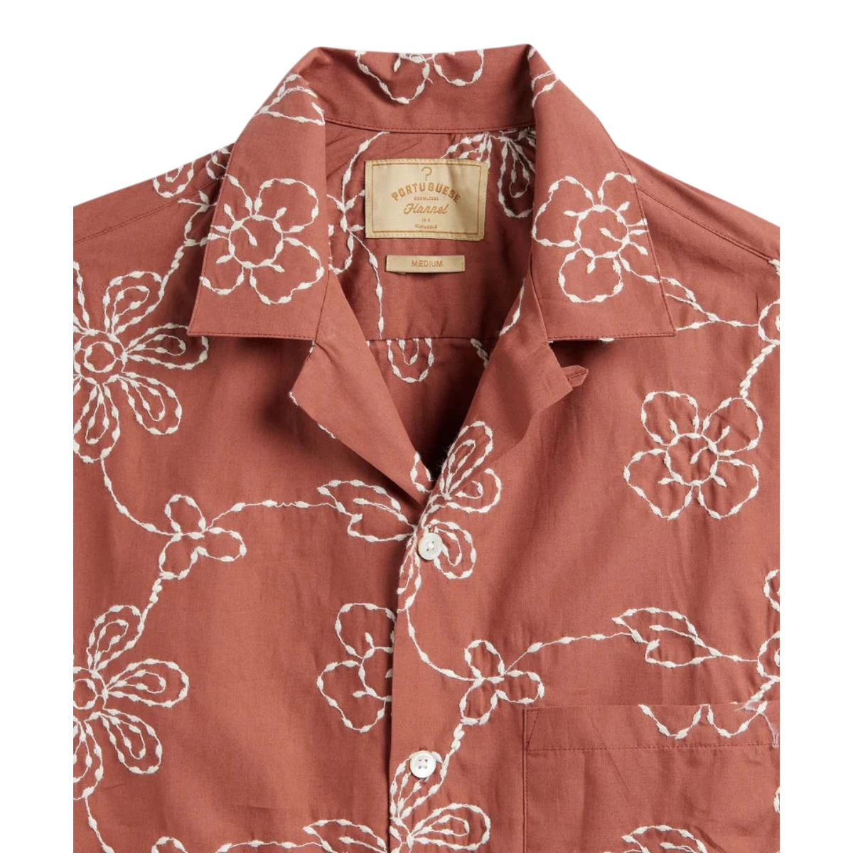 MILWORK Compota Shirt in rust cotton blend with white floral embroidery and mother of pearl buttons.