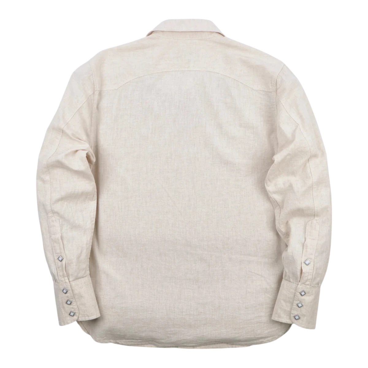 MILWORK Sand Calico Western Shirt with sawtooth yokes, diamond snaps, and custom bone button. Cotton-Linen blend.