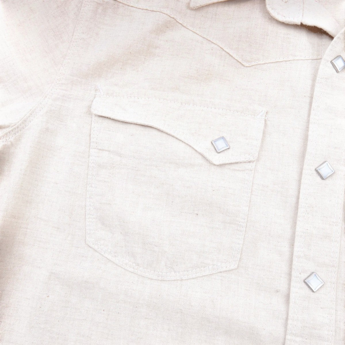 MILWORK Sand Calico Western Style Shirt with sawtooth flap pocket, diamond snaps, and custom bone button.