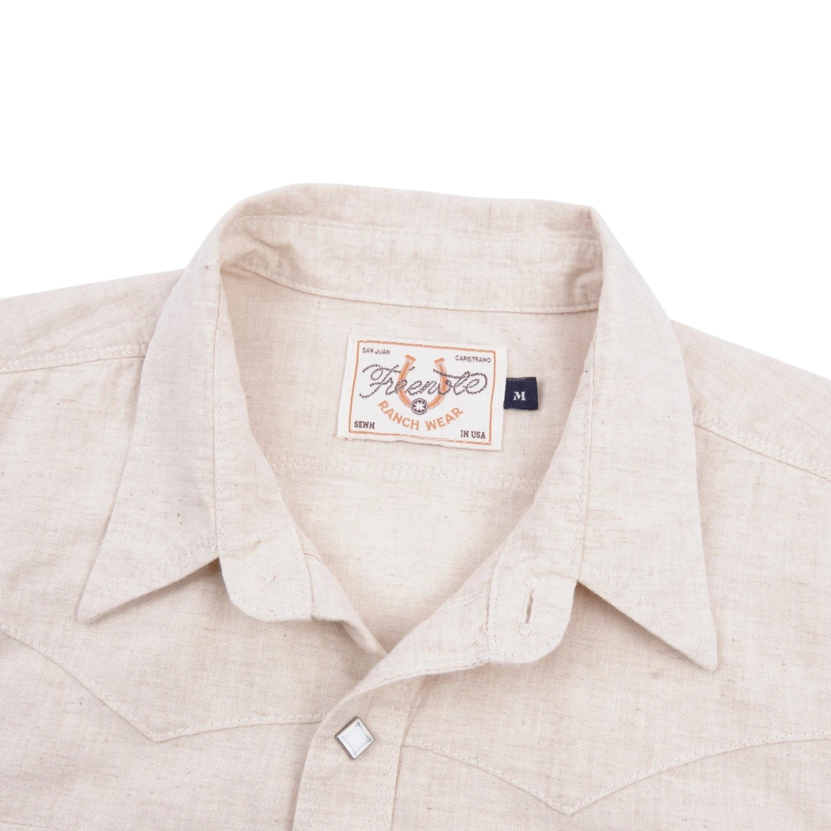 MILWORK Sand Calico Western Style Shirt with sawtooth flap pocket, cotton-linen blend, and diamond snaps.