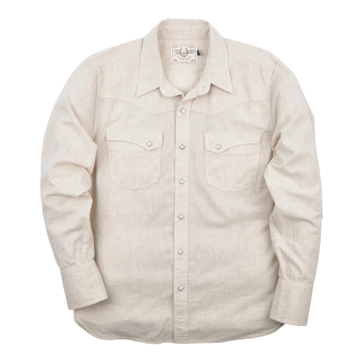 MILWORK Sand Calico Western style shirt with sawtooth flap pockets, diamond snaps, and cotton-linen blend.