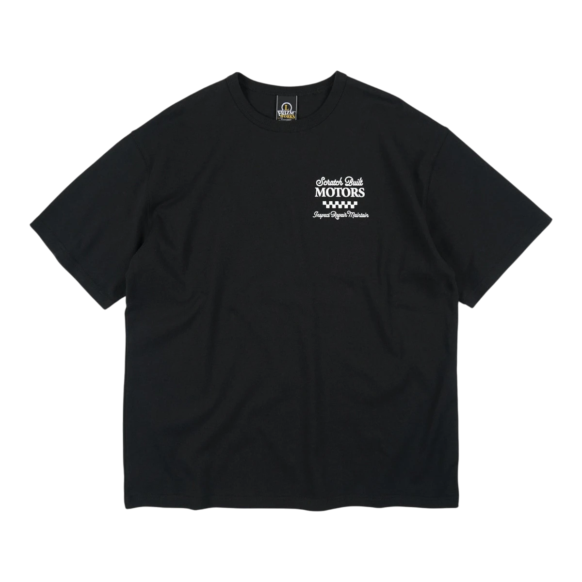 MILWORK Scratch Built Motor Tee in black cotton. Features a graphic print with text and a checkered flag detail. Classic crew neck, short sleeves.