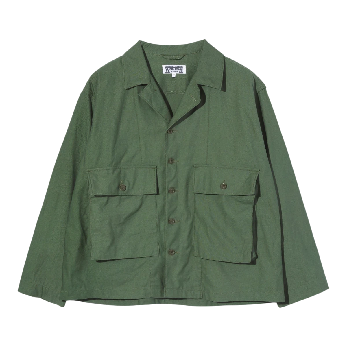 MILWORK Sea Bees olive green cotton sateen jacket with four front pockets and button closure.