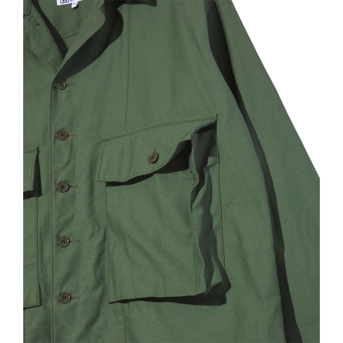 MILWORK Sea Bees olive green cotton sateen jacket with button-down front and four chest pockets.