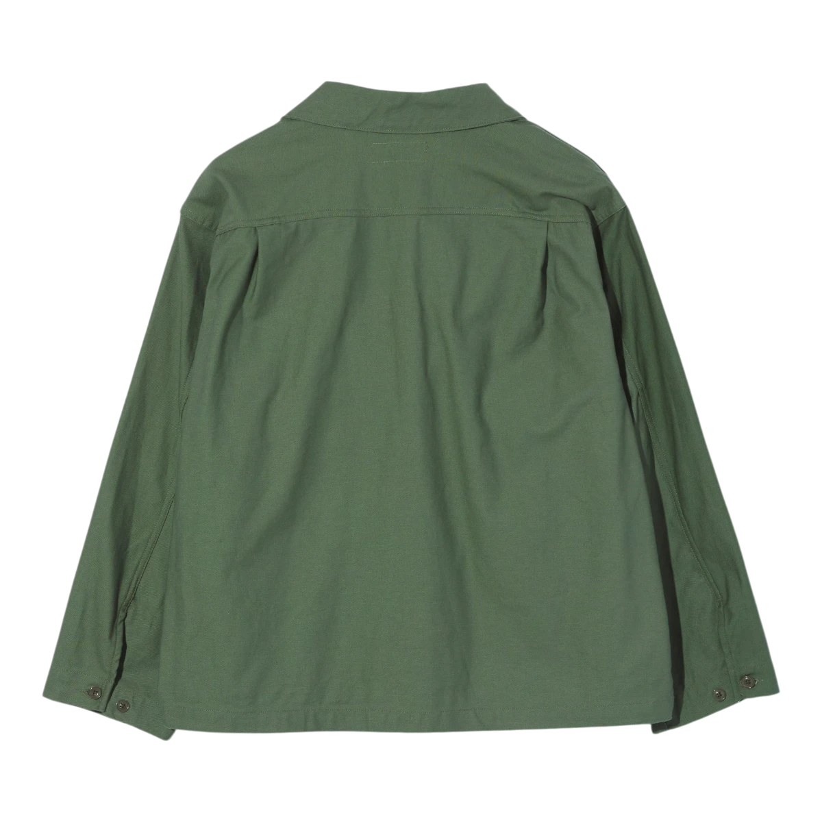 MILWORK Sea Bees olive green cotton sateen jacket with button cuffs and pleats on the back.