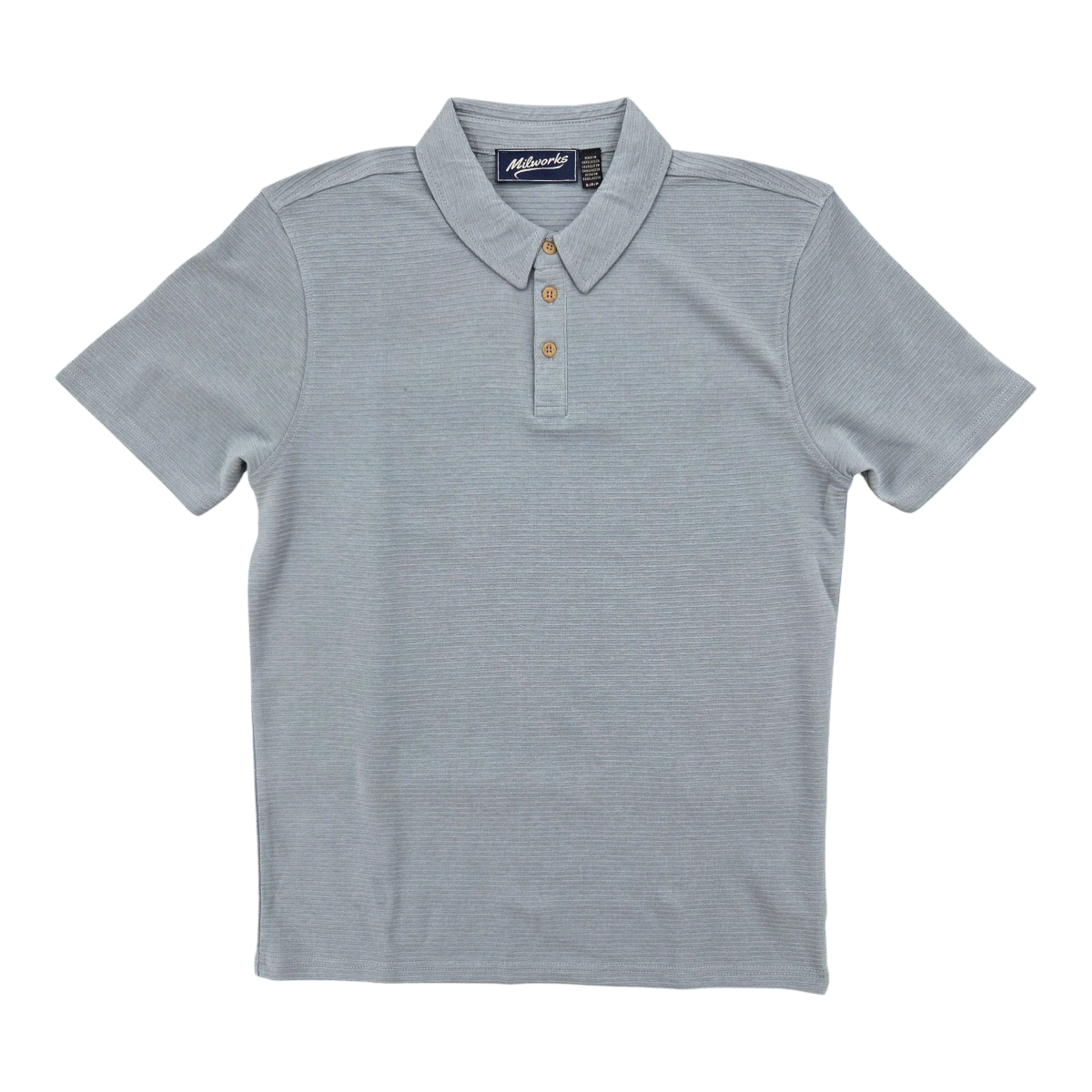 MILWORK Short Sleeve Polo in light blue melange with a textured knit and two-button placket.