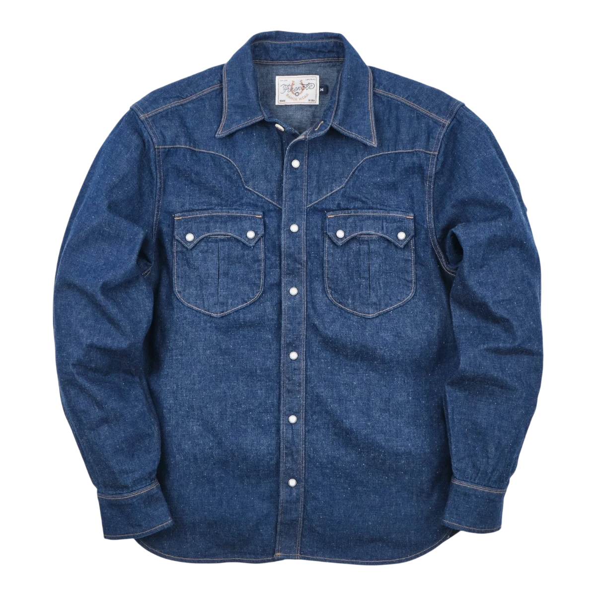 MILWORK Sinclair royal blue denim western shirt with double needle stitching, chest pockets, and snap buttons. 100% cotton.