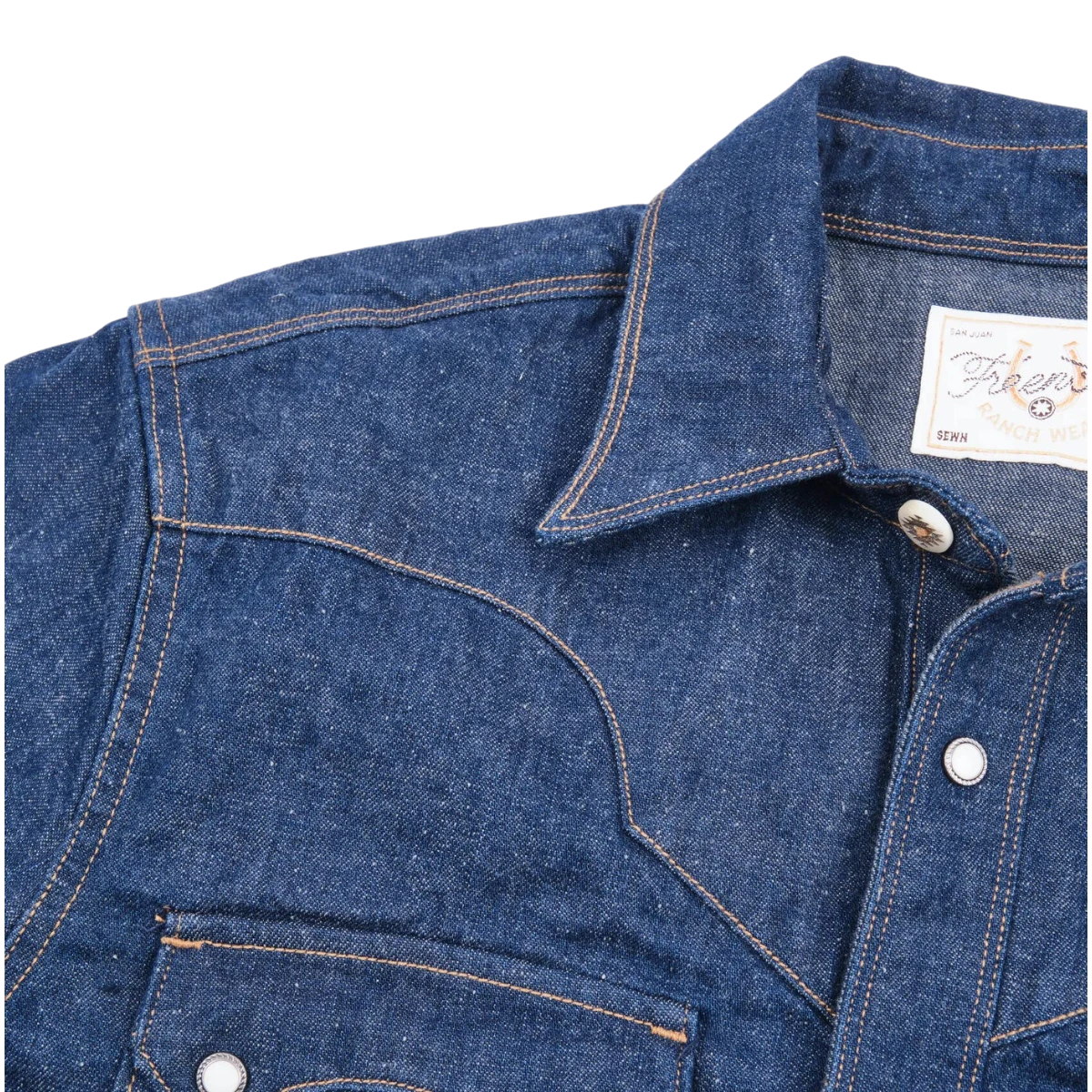 MILWORK Sinclair royal blue 100% cotton denim western shirt with double needle stitching and rope-rimmed snaps.
