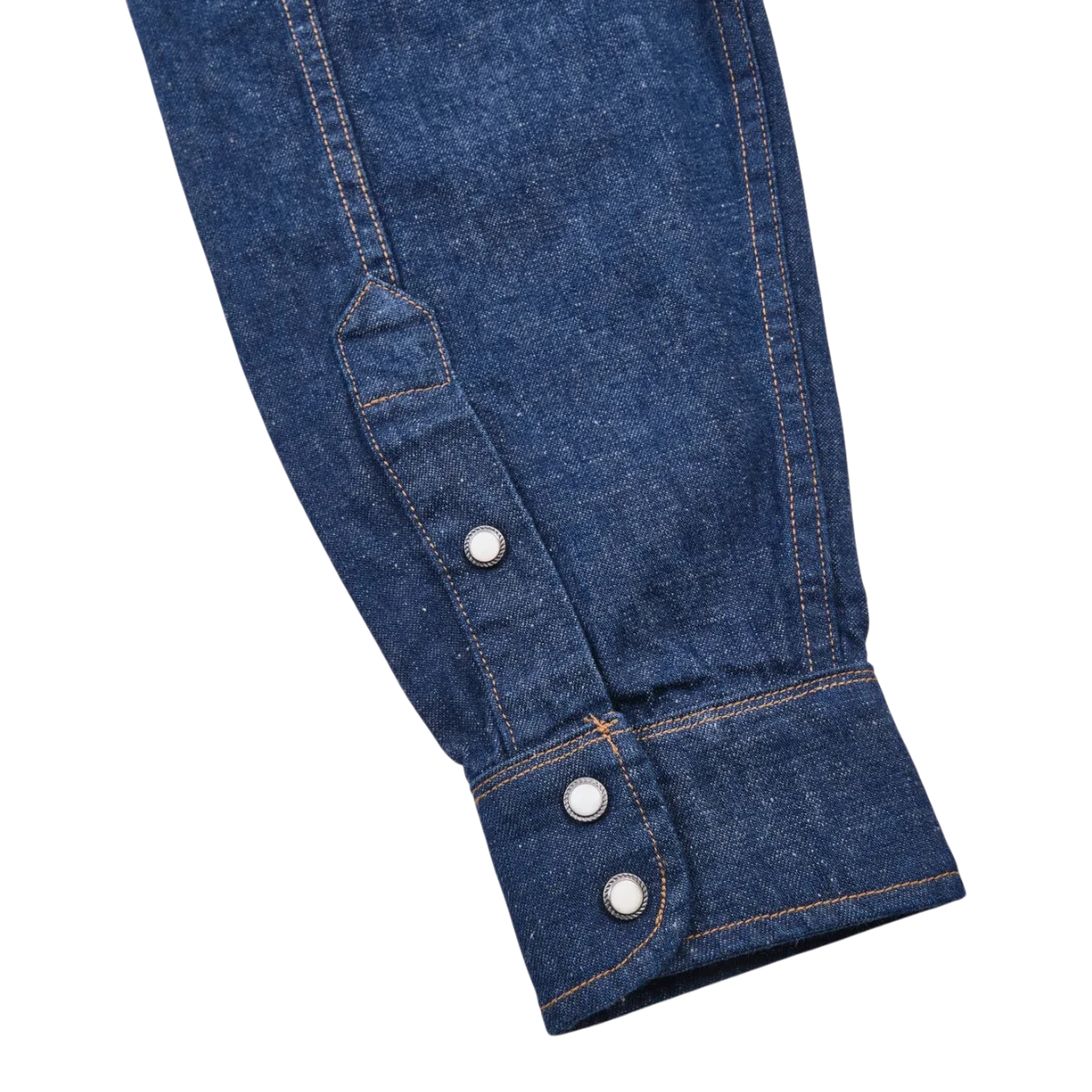 MILWORK Sinclair royal blue denim western shirt with snap buttons and double needle stitching.