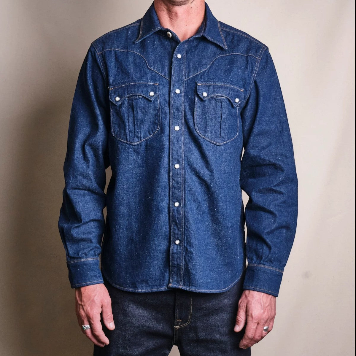 MILWORK Sinclair royal blue denim western shirt with double needle stitching, snap buttons, and chest pockets.