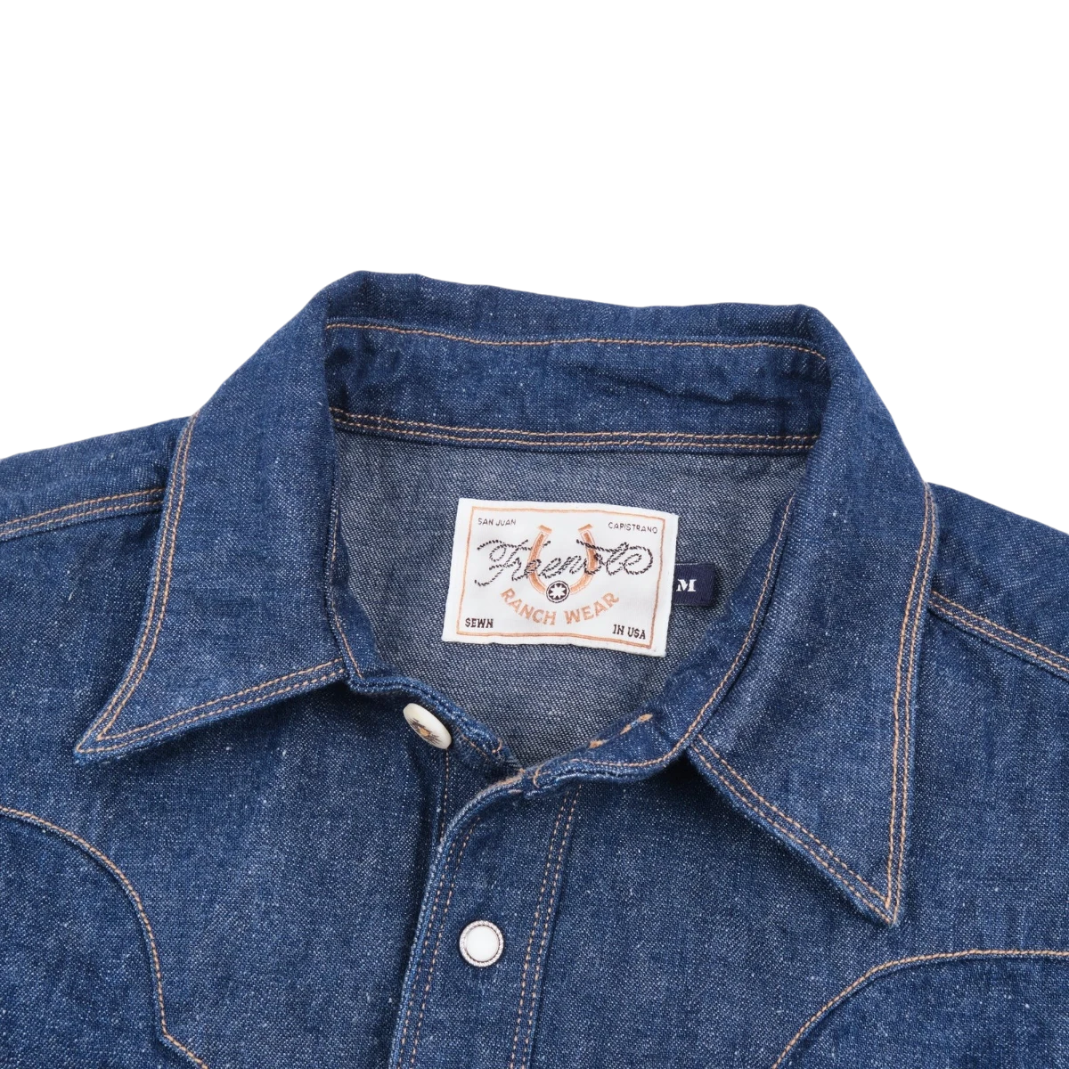MILWORK Sinclair royal blue 100% cotton denim western shirt with double needle stitching and rope-rimmed snaps.