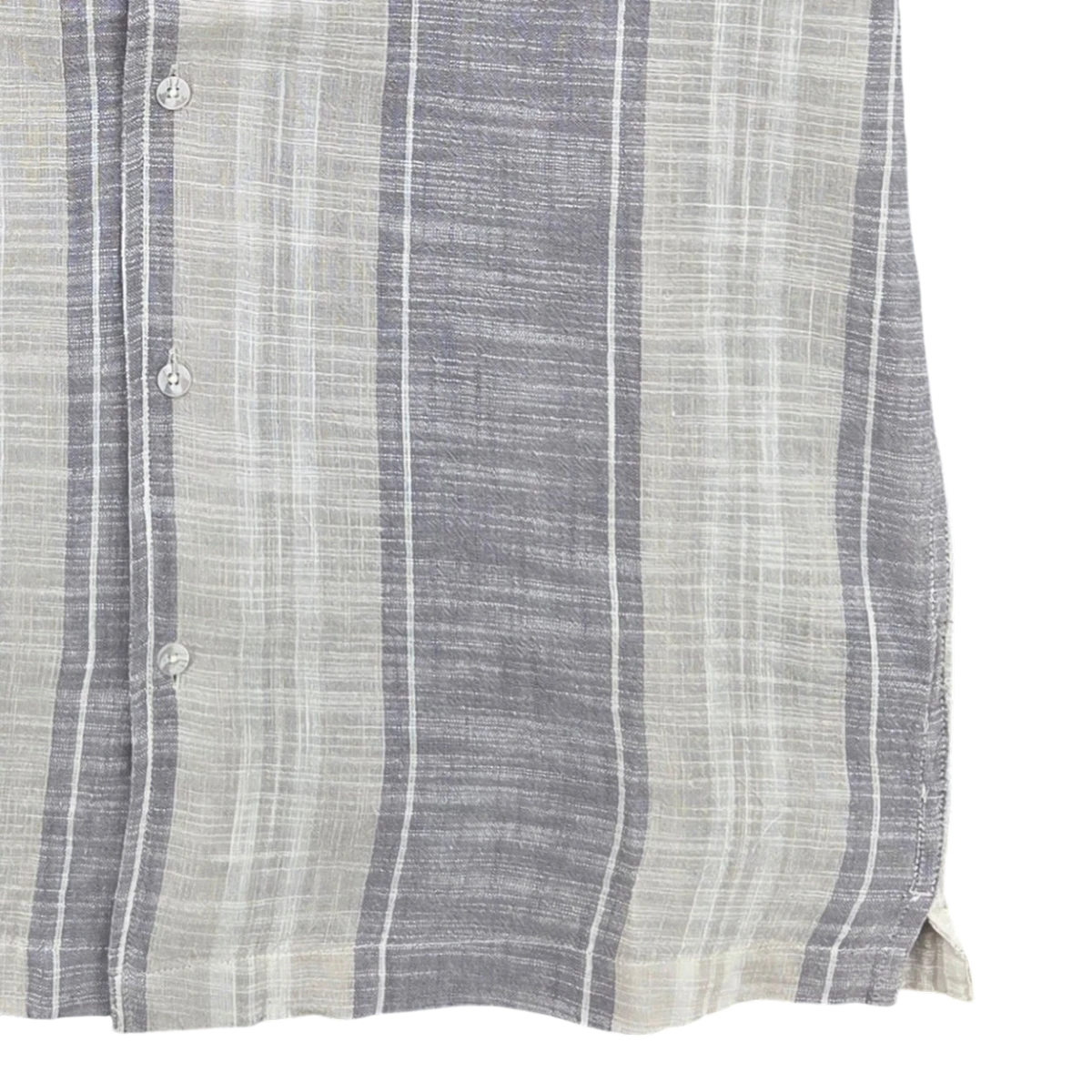 MILWORK white and grey striped woven cotton camp shirt with button closure.