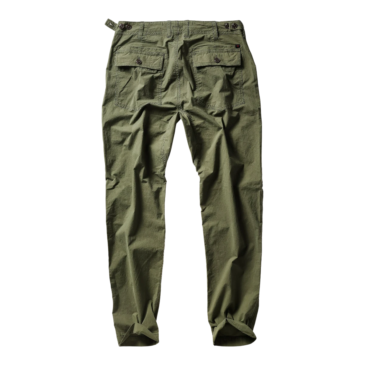 MILWORK Suprfly Supply Pant in military olive green. Features two button-flap back pockets and adjustable waist tabs.