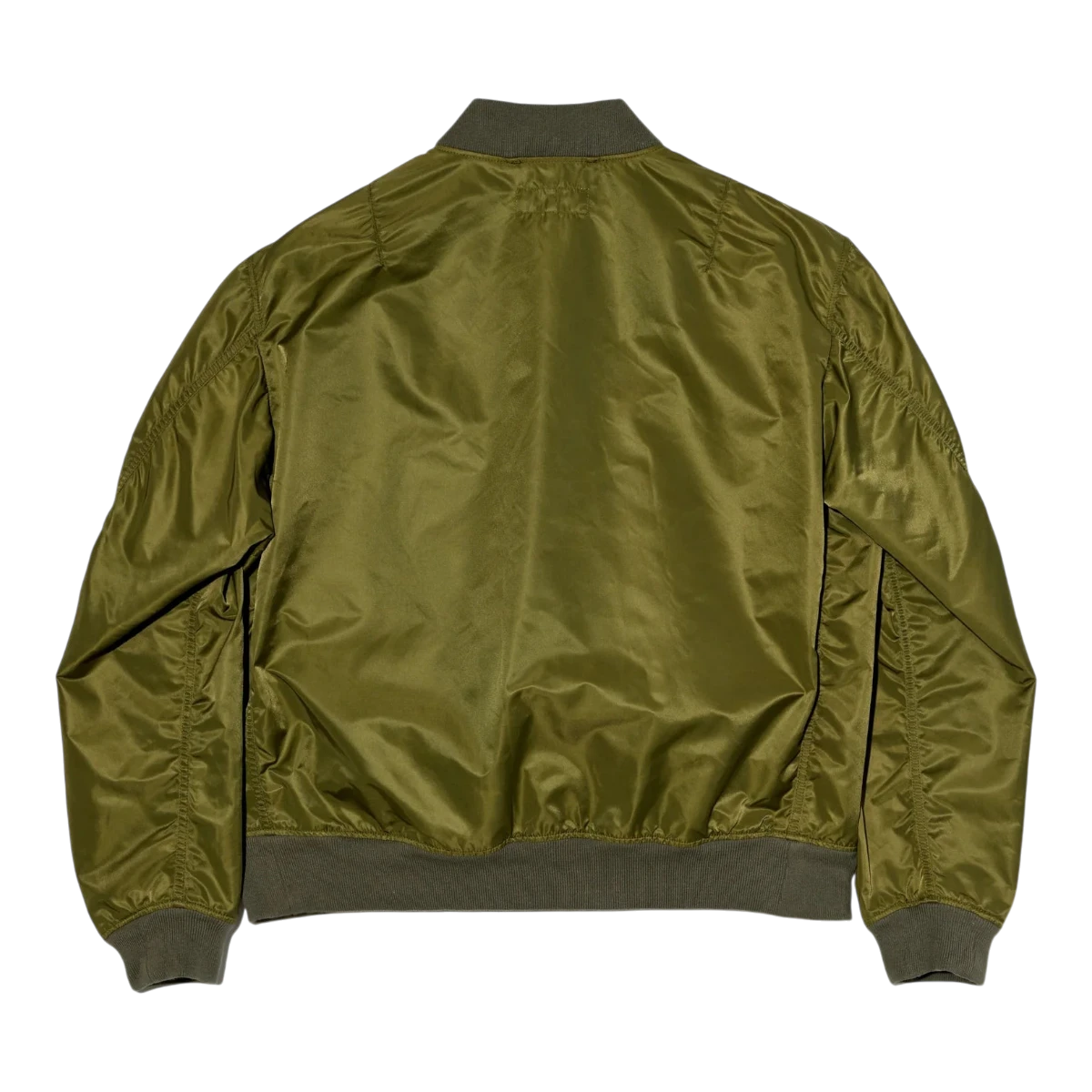 MILWORK USNA olive green satin nylon flight bomber jacket with ribbed collar, cuffs, and hem.