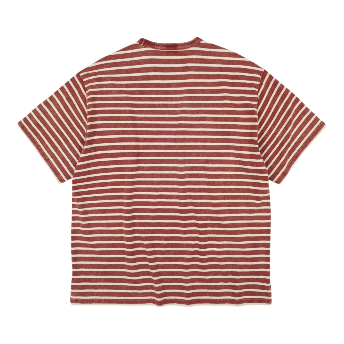 MILWORK Vintage Faded Stripe Tee in burgundy with white horizontal stripes. Short sleeves, crew neck, relaxed fit.