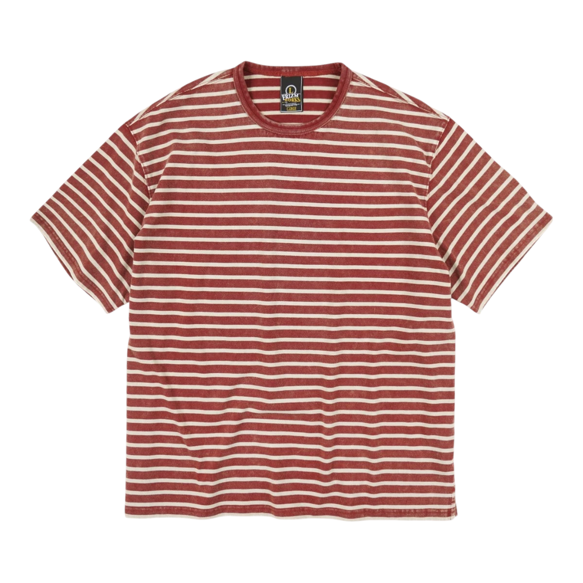 MILWORK Vintage Faded Stripe Tee in burgundy with white horizontal stripes. Short sleeves, crew neck, relaxed fit.