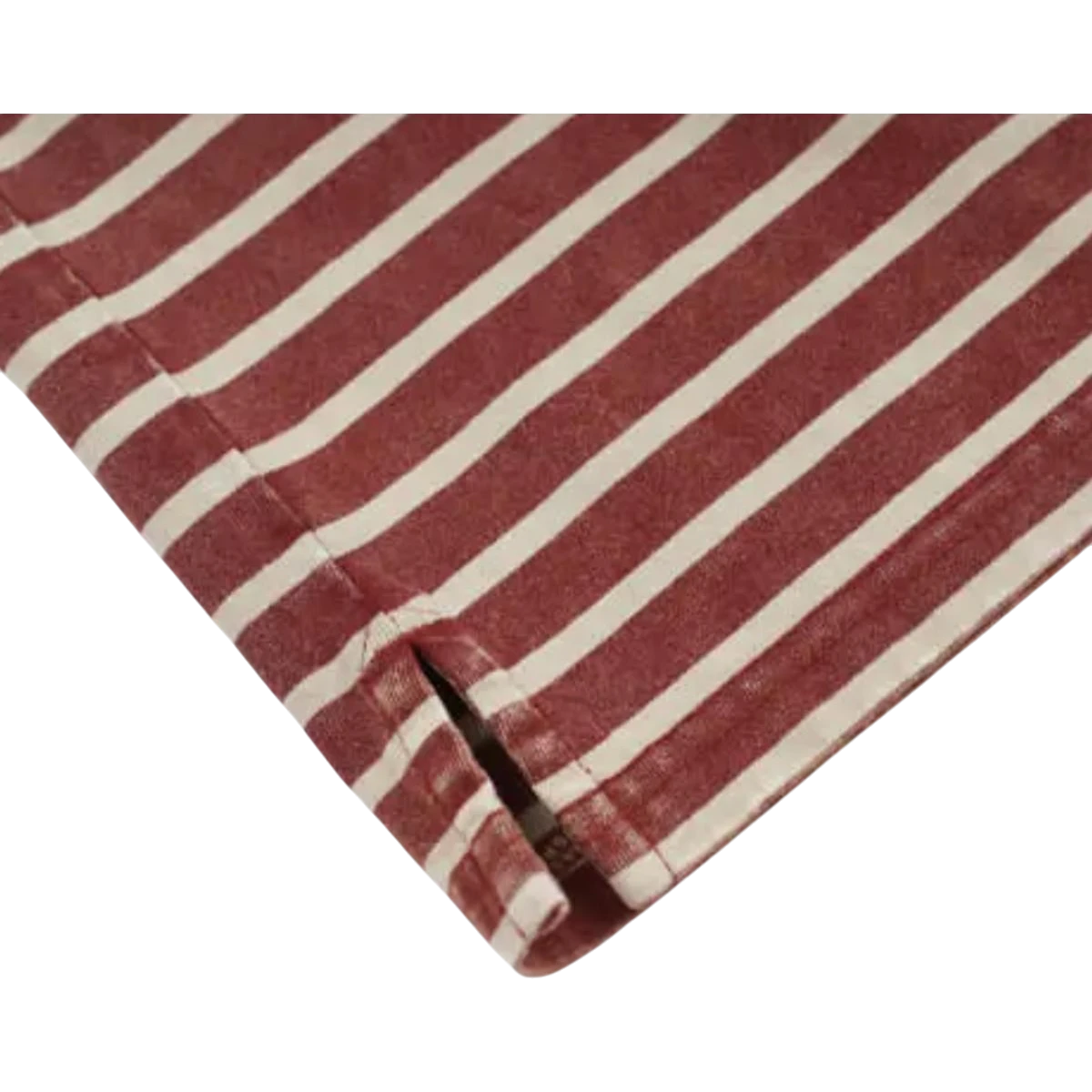 MILWORK vintage faded stripe tee in burgundy and cream. Soft cotton fabric with a relaxed fit and side slits.