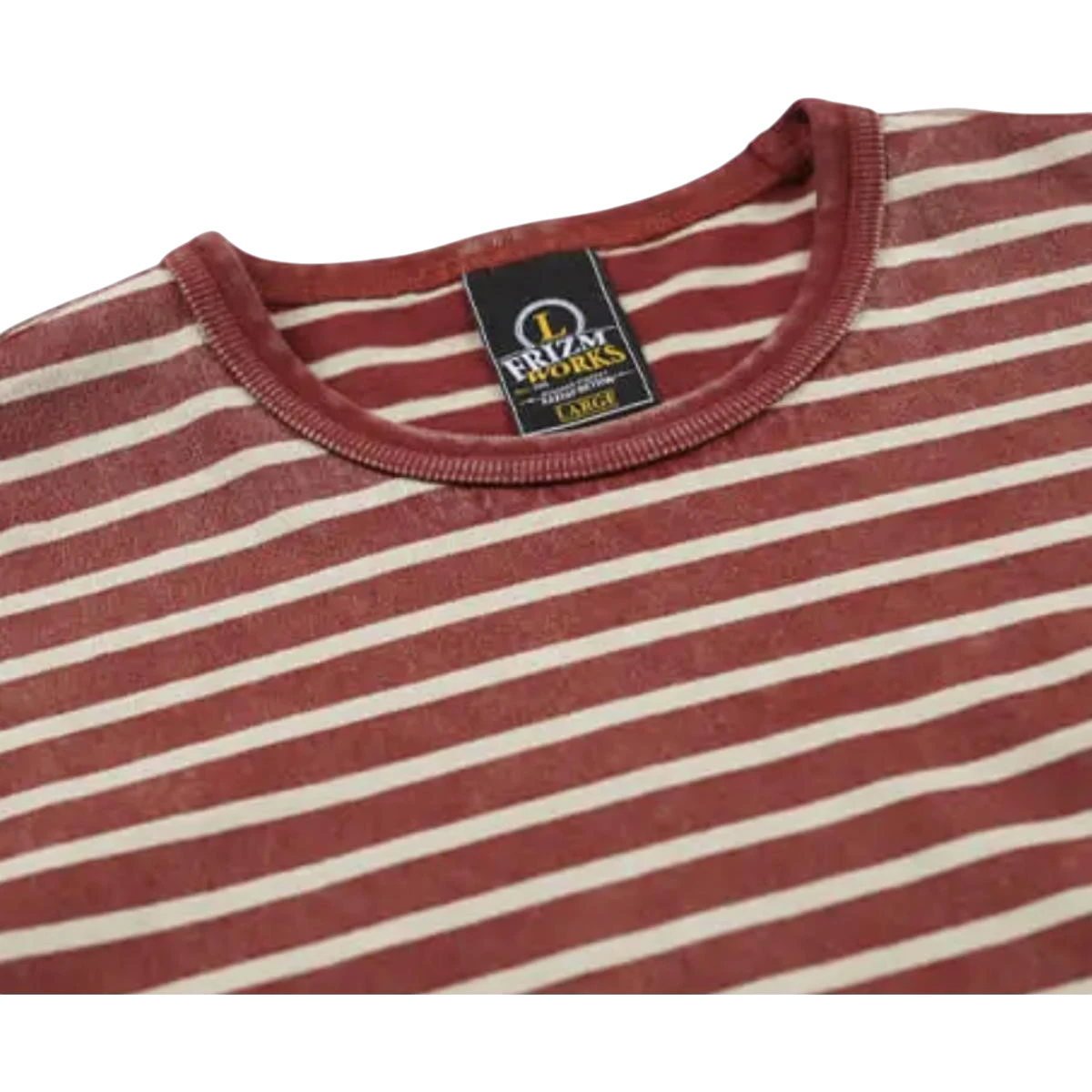 MILWORK Vintage faded stripe tee in burgundy and cream. Soft cotton fabric with a relaxed fit.