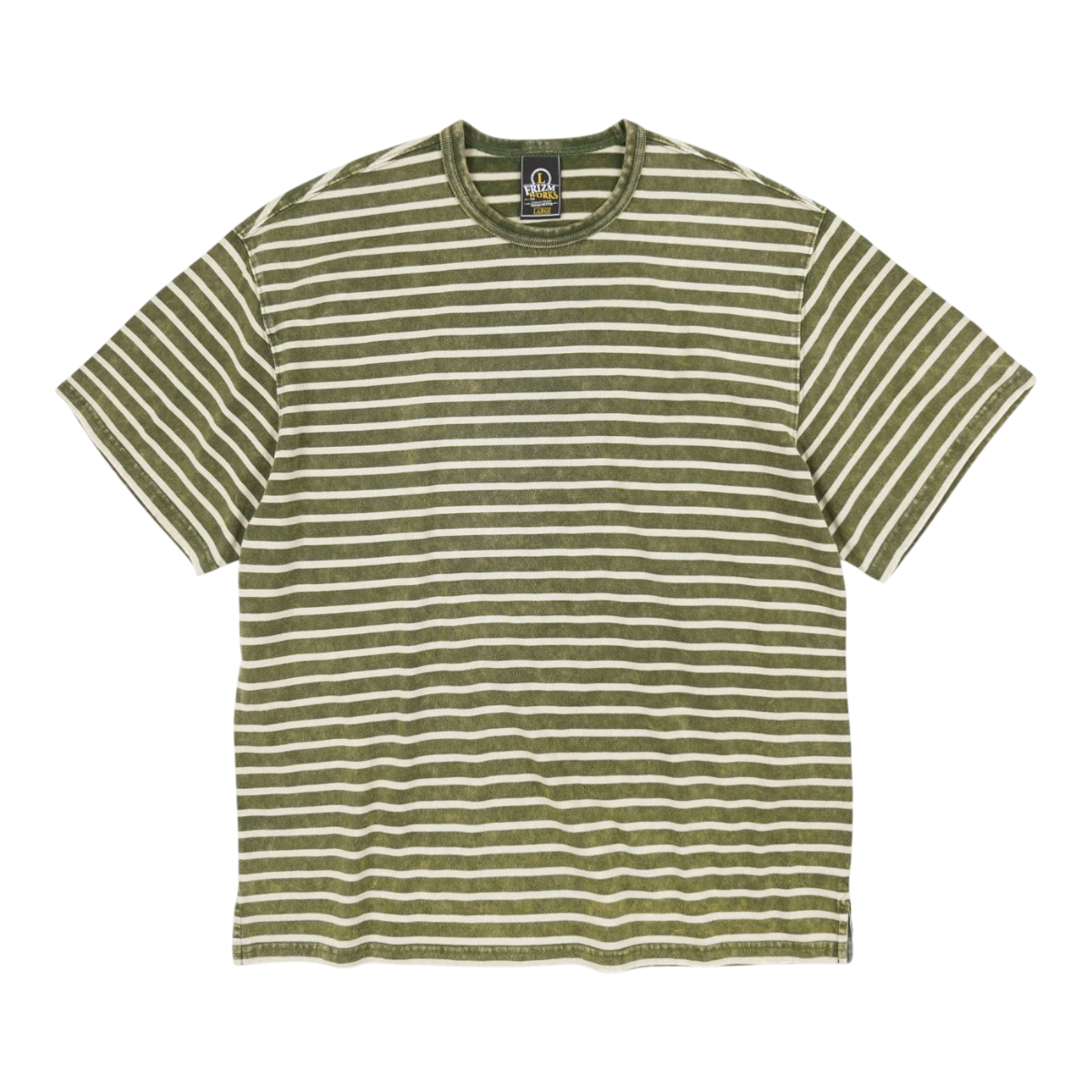 MILWORK Vintage faded dark green and white striped short-sleeve tee shirt. Soft cotton fabric with a relaxed fit.