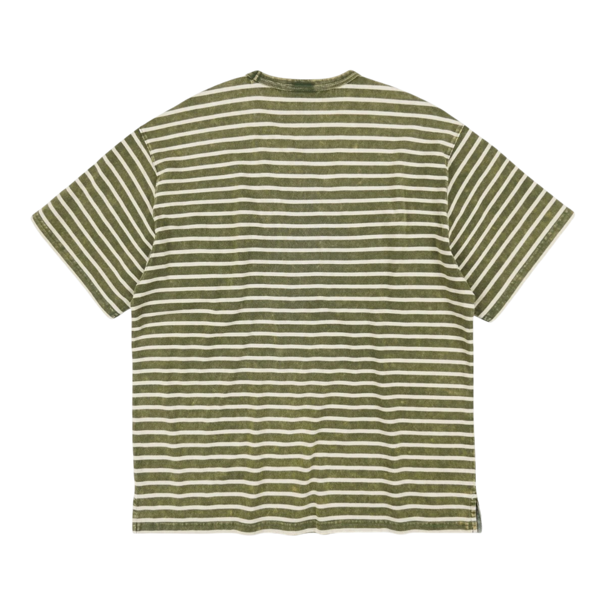 MILWORK Vintage Faded Stripe Tee in dark green with white horizontal stripes. Soft, breathable fabric with a relaxed fit.