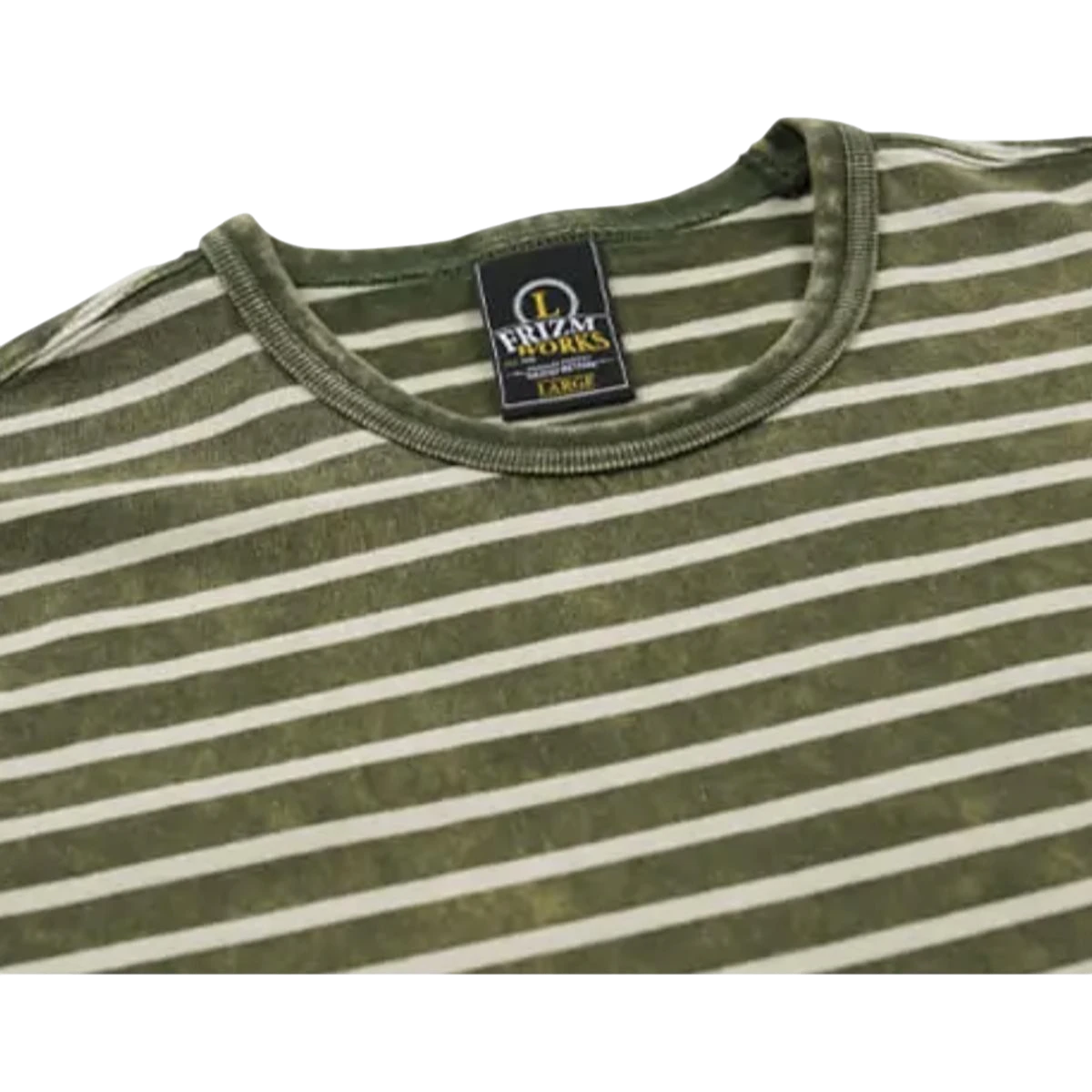 MILWORK Vintage Faded Stripe Tee in dark green and off-white. Soft, breathable fabric with a relaxed fit.