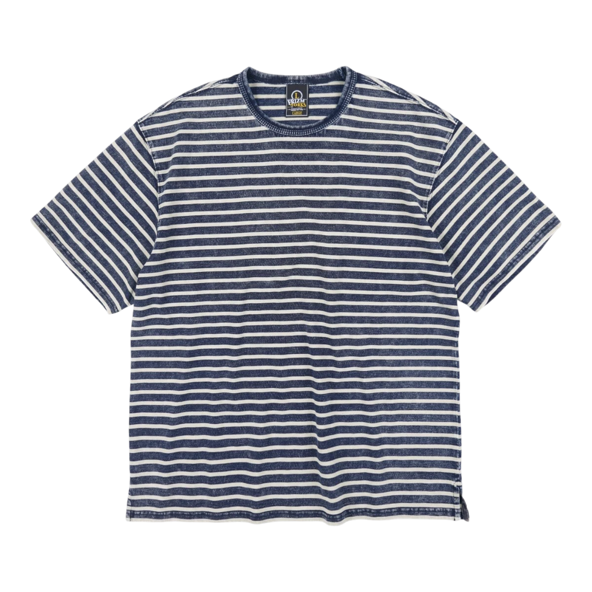 MILWORK Vintage faded indigo and white stripe tee, short sleeves, crew neck, relaxed fit.