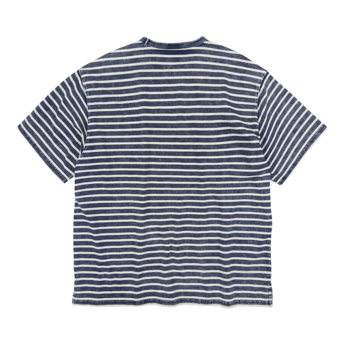 MILWORK Vintage Faded Stripe Tee Indigo. Short-sleeve, crew neck tee with horizontal indigo and white stripes. Relaxed fit.
