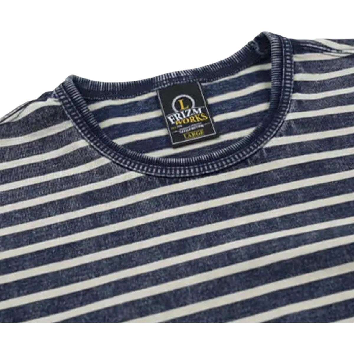 MILWORK Vintage Faded Stripe Tee in indigo and white. Soft, breathable fabric with a relaxed fit.