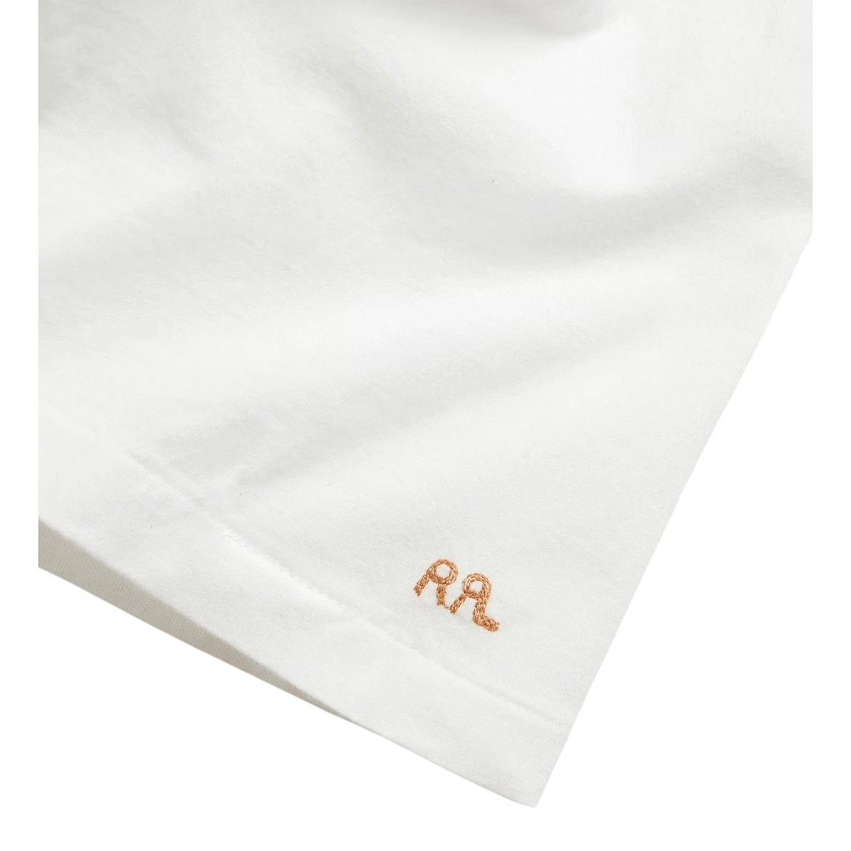 MILWORK white combed cotton jersey crewneck t-shirt with chain-stitched RRL embroidery on the left hem.