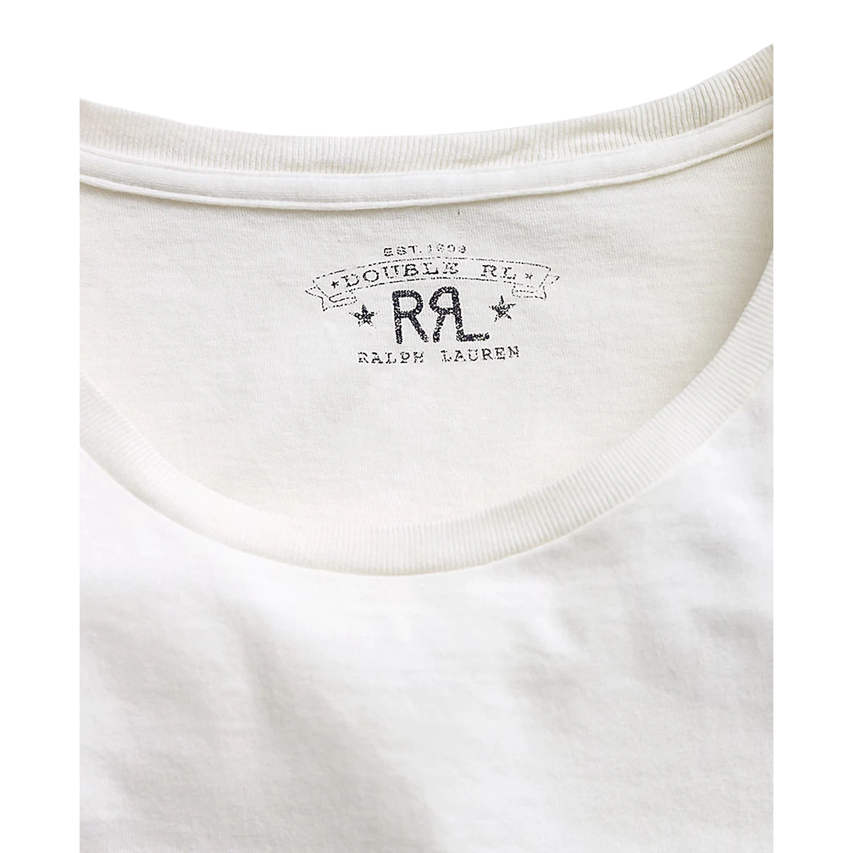 MILWORK white cotton jersey crewneck t-shirt with RRL Ralph Lauren logo print on the neck.