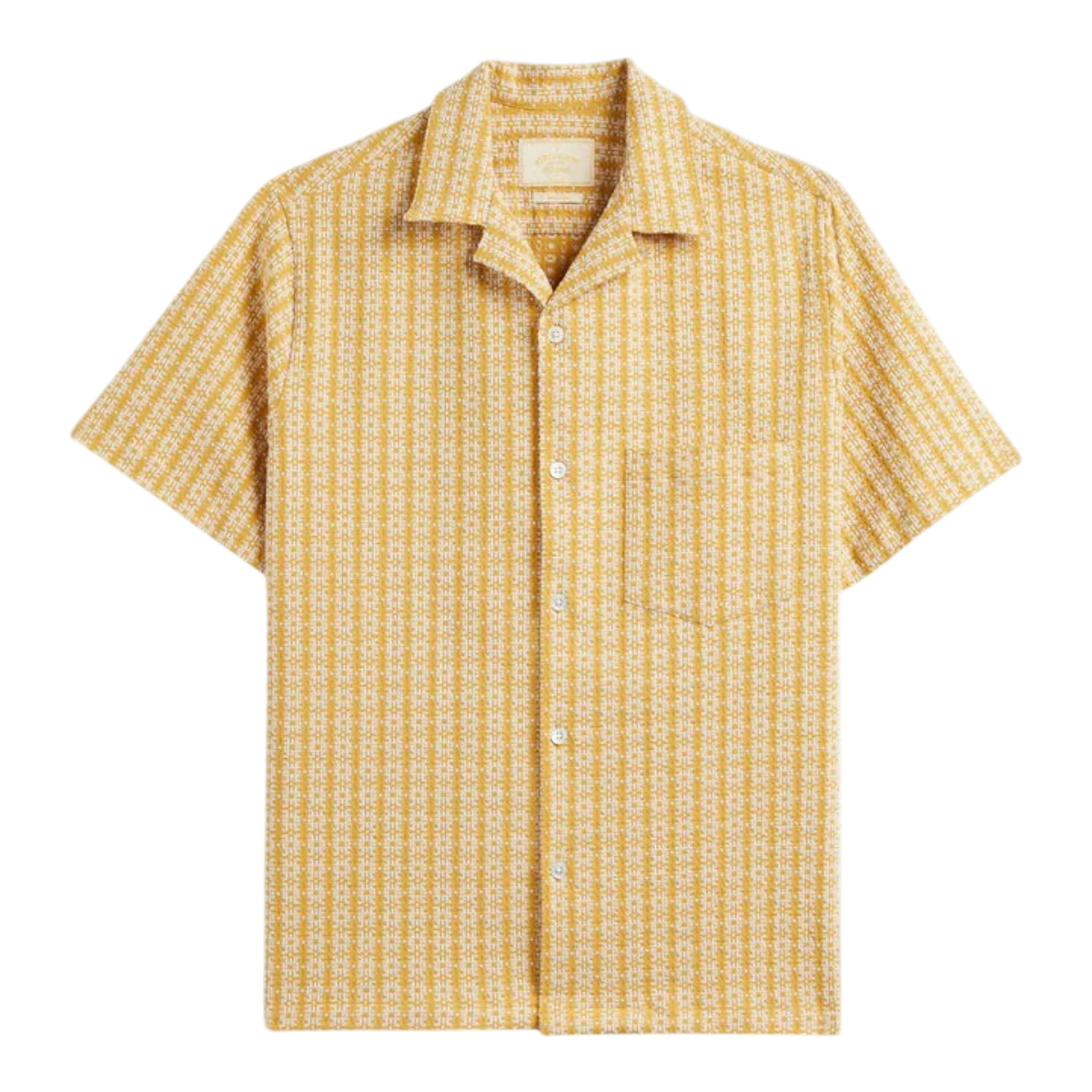 MILWORK yellow and white patterned short-sleeve cotton blend shirt with mother of pearl buttons and a chest pocket.