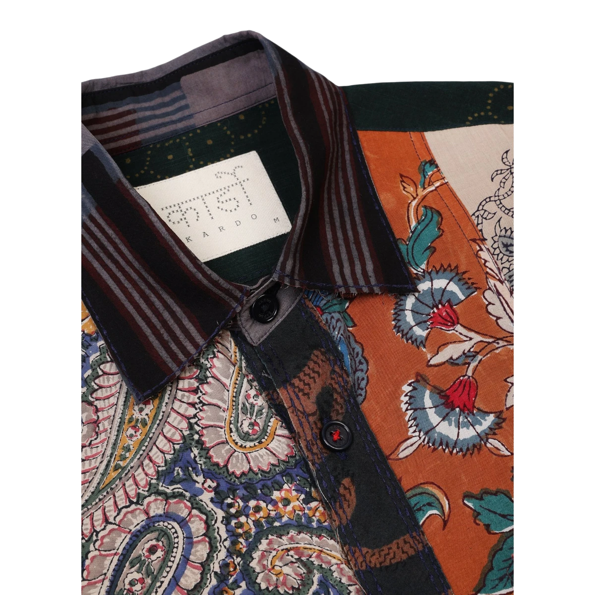 MILWORK Yuto 12 panel patchwork shirt in cotton with paisley and floral prints, oversized fit, raw edge details.