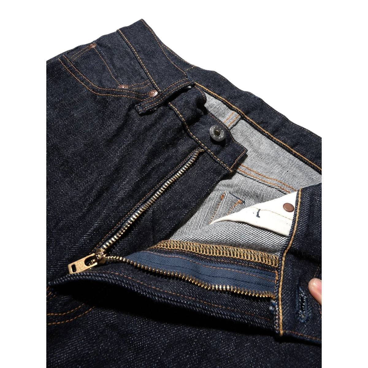 MILWORKs dark indigo 17oz heavyweight Japanese selvedge denim slim fit jeans with zip fly.