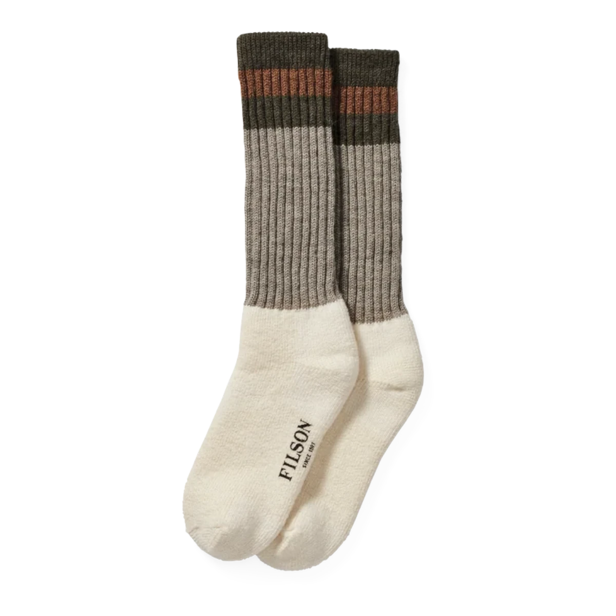 MILWORKS 1970s Logger thermal socks in green, brown, and cream wool blend with ribbed cuffs and flat toe seams.