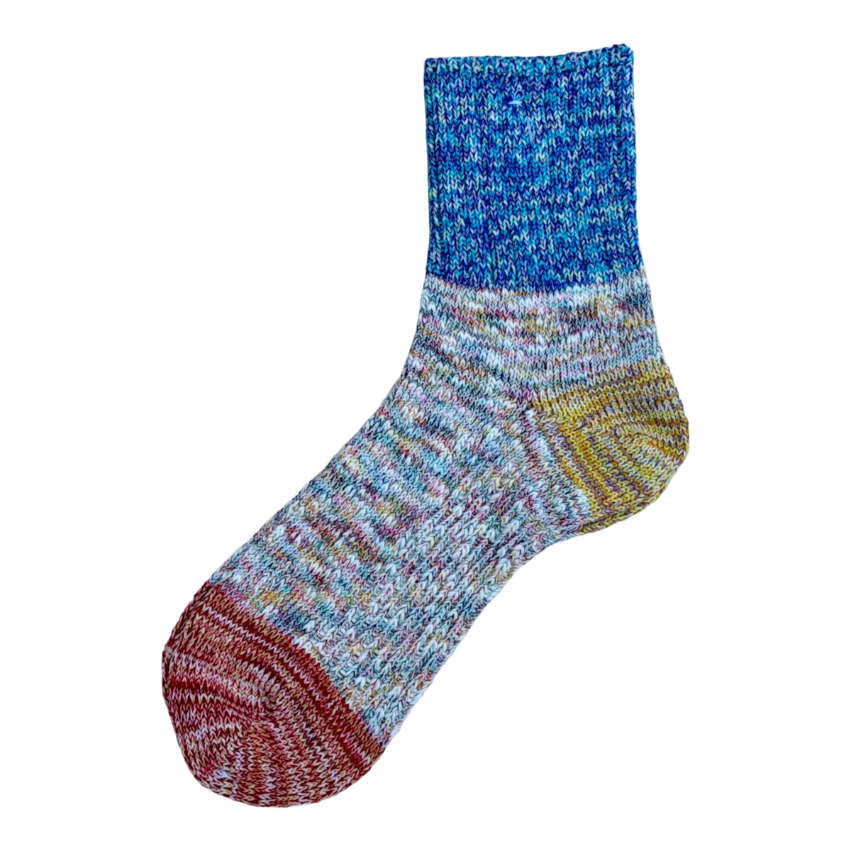 MILWORKS A Hope Hemp thick marled color block socks in blue, red, and yellow cotton hemp blend, made in Japan.