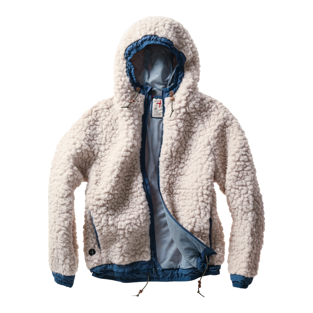 Milworks Abominable Hood natural sherpa pile jacket with a two-way zipper, drawstring hood, and contrast blue trim.