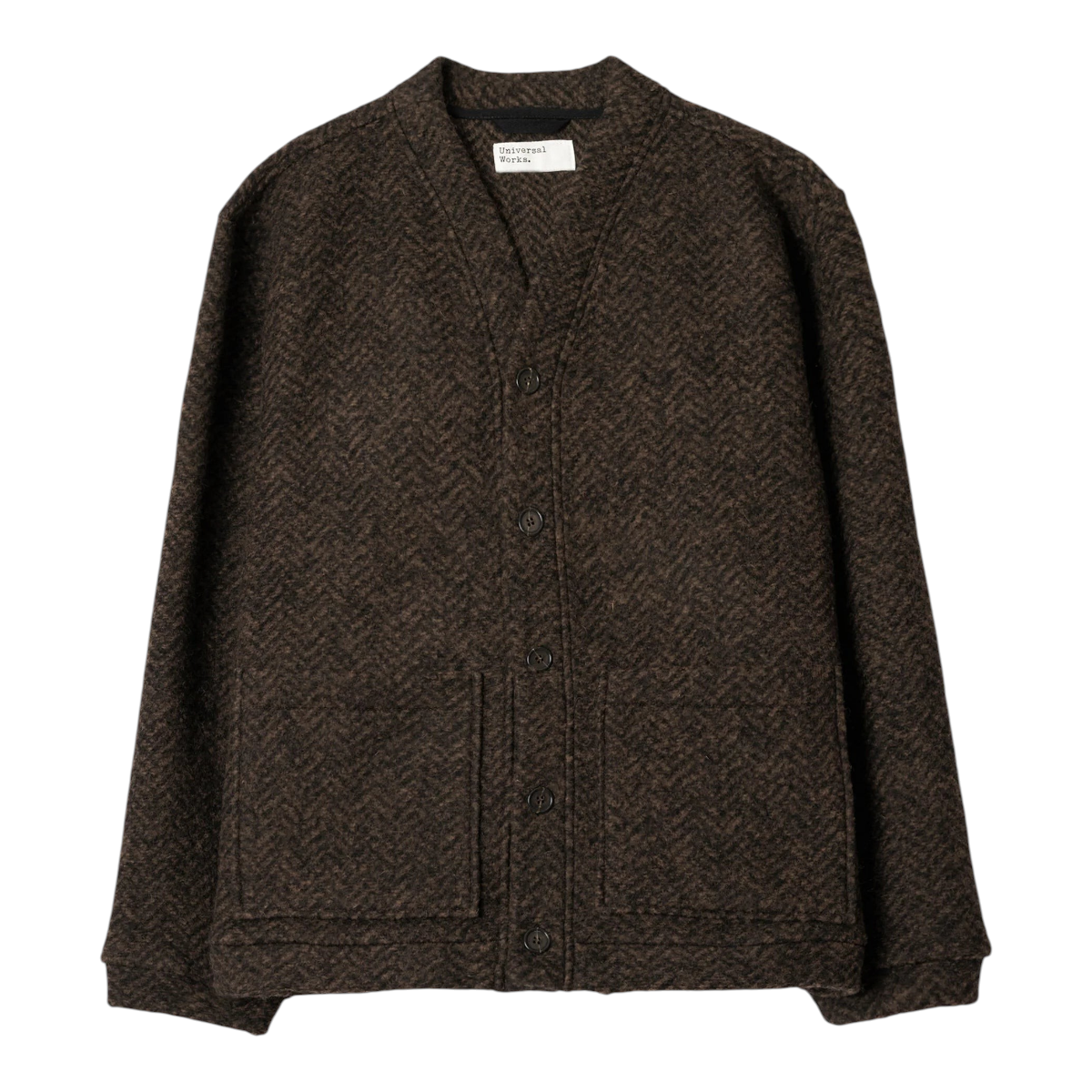 MILWORKS Advance Cardigan in brown raven fleece with a boxy fit, V-neck, button front, and two large patch pockets.