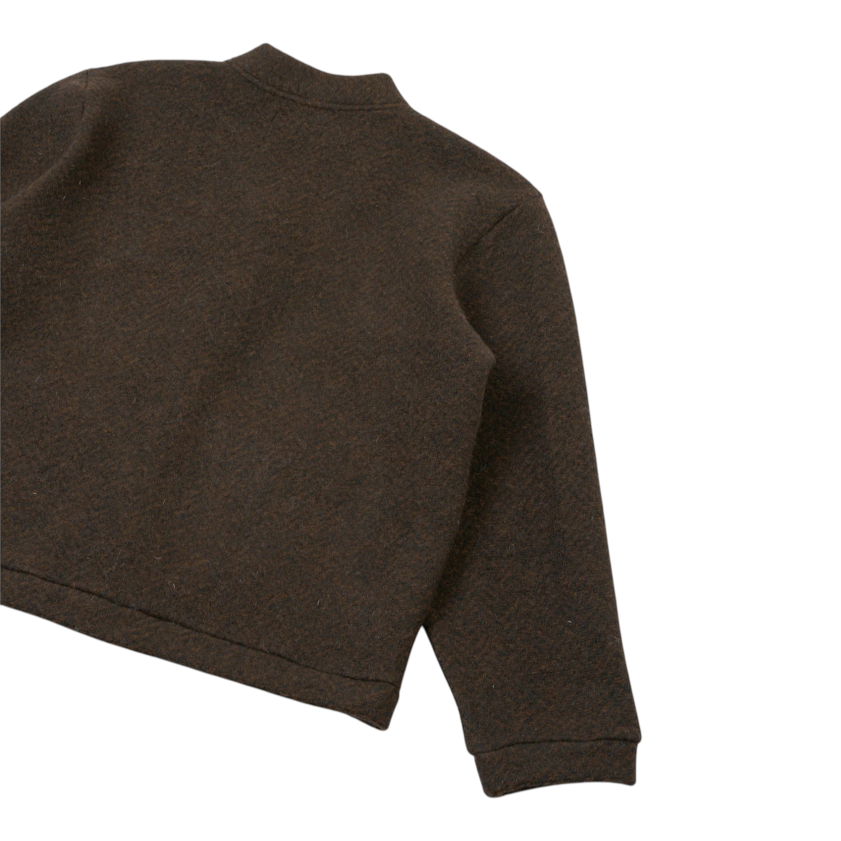 Back view of the MILWORKS Advance Cardigan in brown fleece, featuring a boxy fit and elasticated hem.