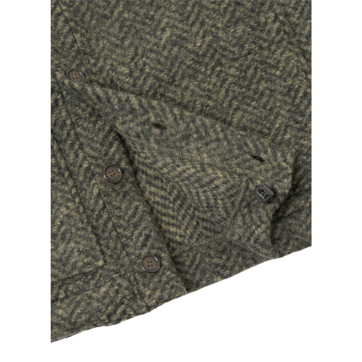 MILWORKS Advance cardigan in olive green textured fleece with a herringbone pattern and button-up front closure.