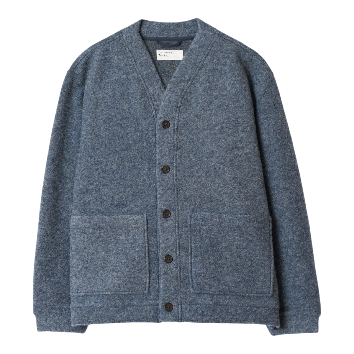 MILWORKS Advance cardigan in slate blue wool fleece with a boxy fit, V-neck, button front, and two large pockets.