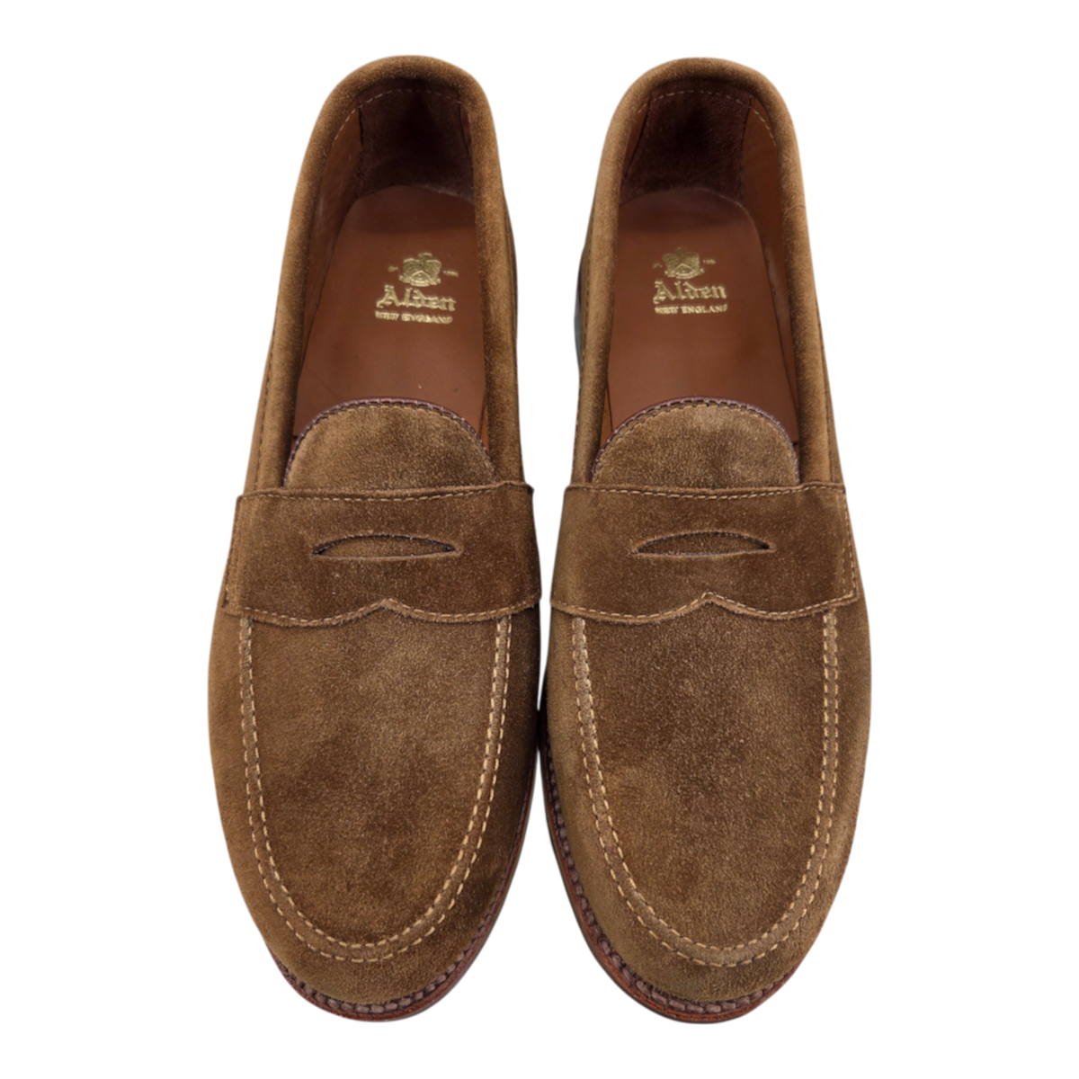 MILWORKS Alden 6173F penny loafers in snuff suede with flexible leather soles and classic moccasin stitching.