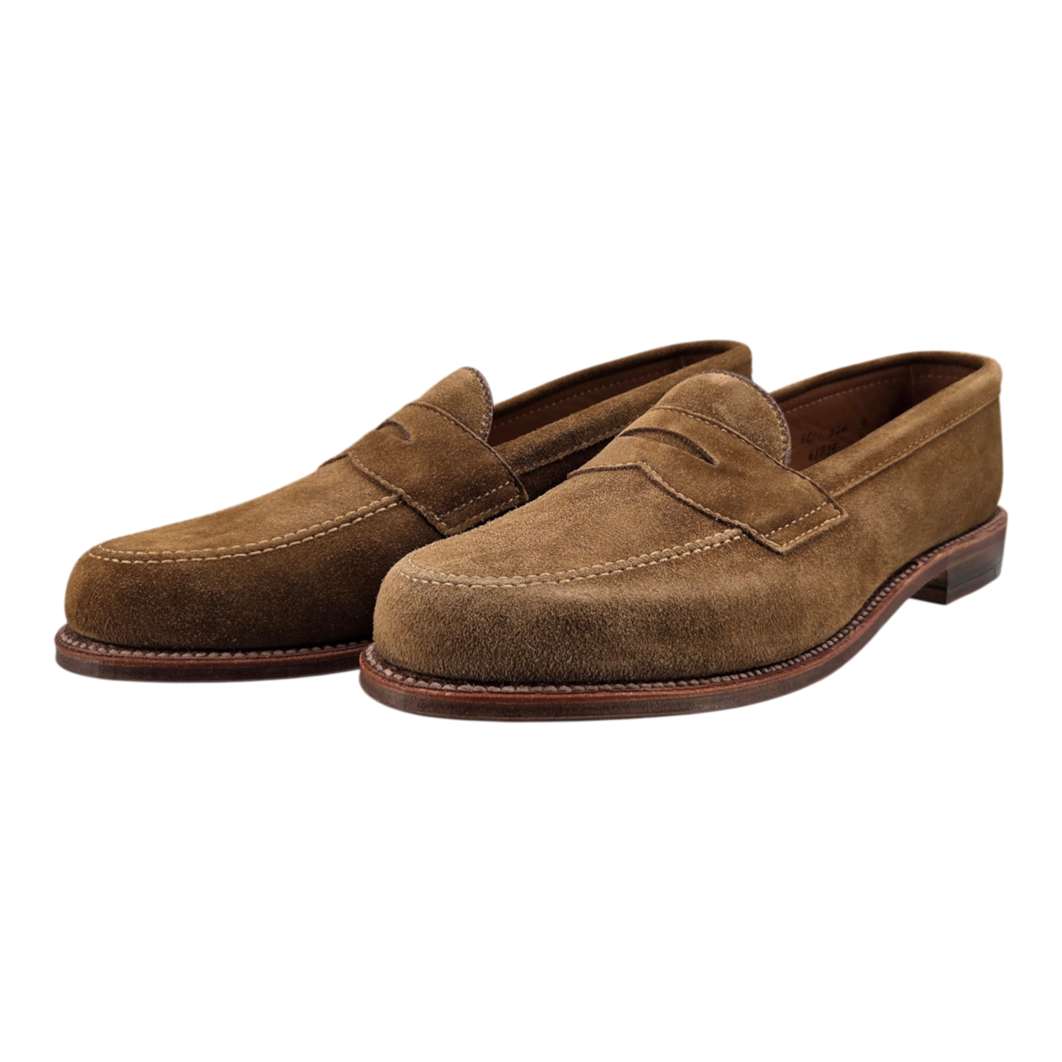MILWORKS Alden 6173F leisure penny loafers in snuff suede with flexible leather soles and Goodyear welt construction.